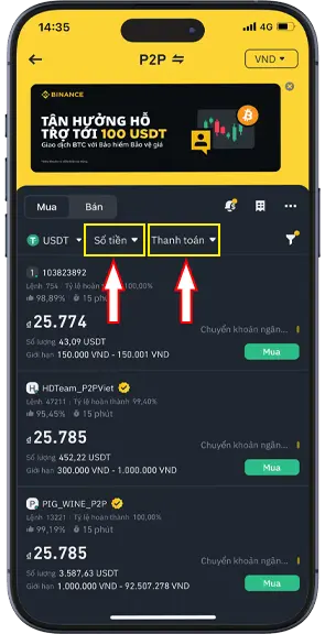 Bước 2: Lọc người bán bằng cách nhập tương đối số lượng tiền VND cần chuyển qua USDT, sau đó tiếp tục chọn cáchthức thanh toán, ví dụ chuyển khoản.